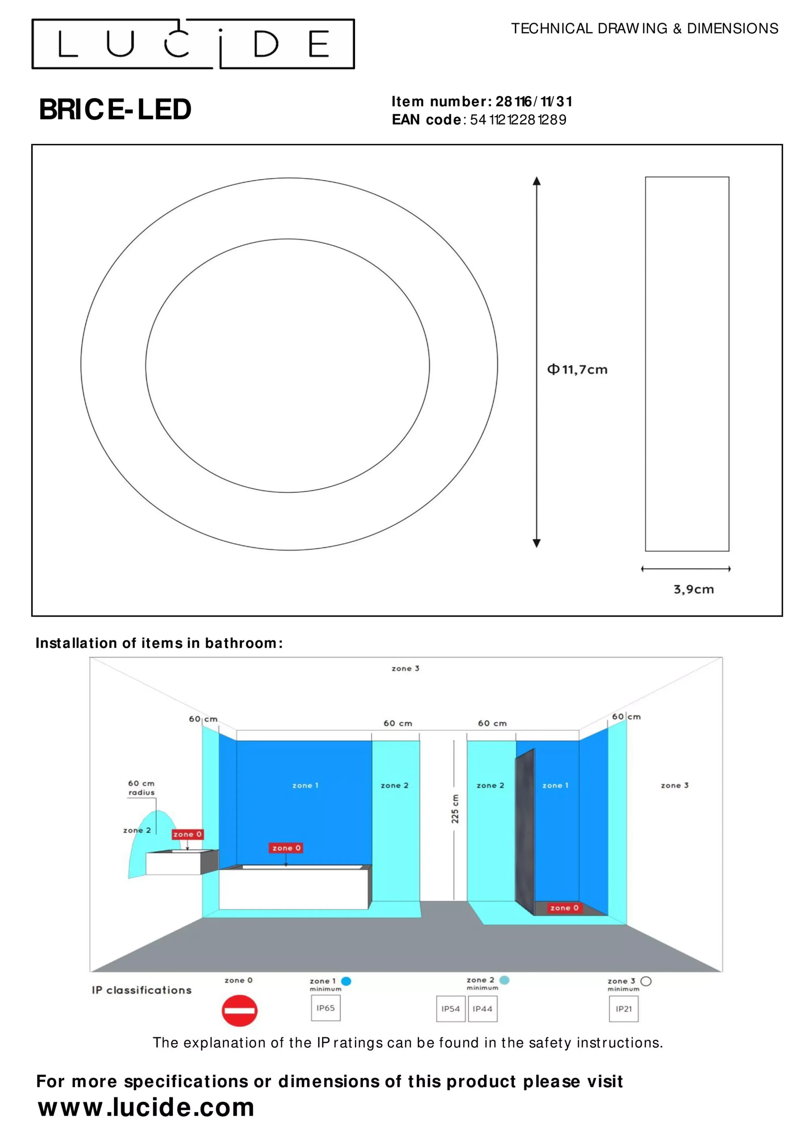 Flash Sale BRICE-LED - Plafonnière Badkamer - Ø 11,7 cm - LED Dimb. - 1x8W 3000K - IP44 - Wit Plafondlampen